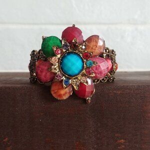 Women's colourful large flower intricate cuff bracelet brass multicolour stones